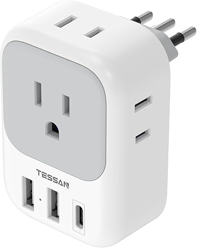 Adaptador de enchufe de viaje para Italia, adaptador TESSAN tipo L para viaje con 4 tomacorrientes, 3 puertos USB (1 USB-C), adaptador de corriente