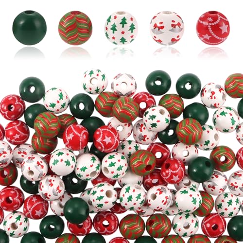 200Pcs Christmas Wooden Beads for Crafts Red Green Assort Styles Wood Beads