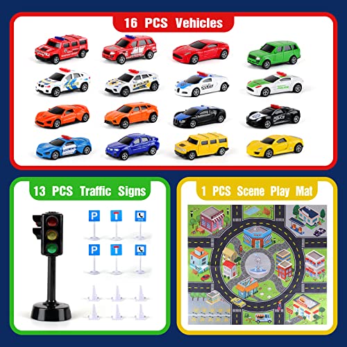 Pull Back Car Set For Kids,Vehicle Playset For Toddlers,Kids Play Mini Cars With City Theme Play Mat And Road Signs,Plastic Police Cars And Trucks,Model Car Toys For Baby Boys And Girls Gifts #TOP4