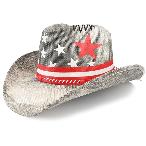Foeran Cowboy Hat with Men's Women's Western Cowgirl Straw Hats,American Style Braided Faux Leather Strap Grey Star
