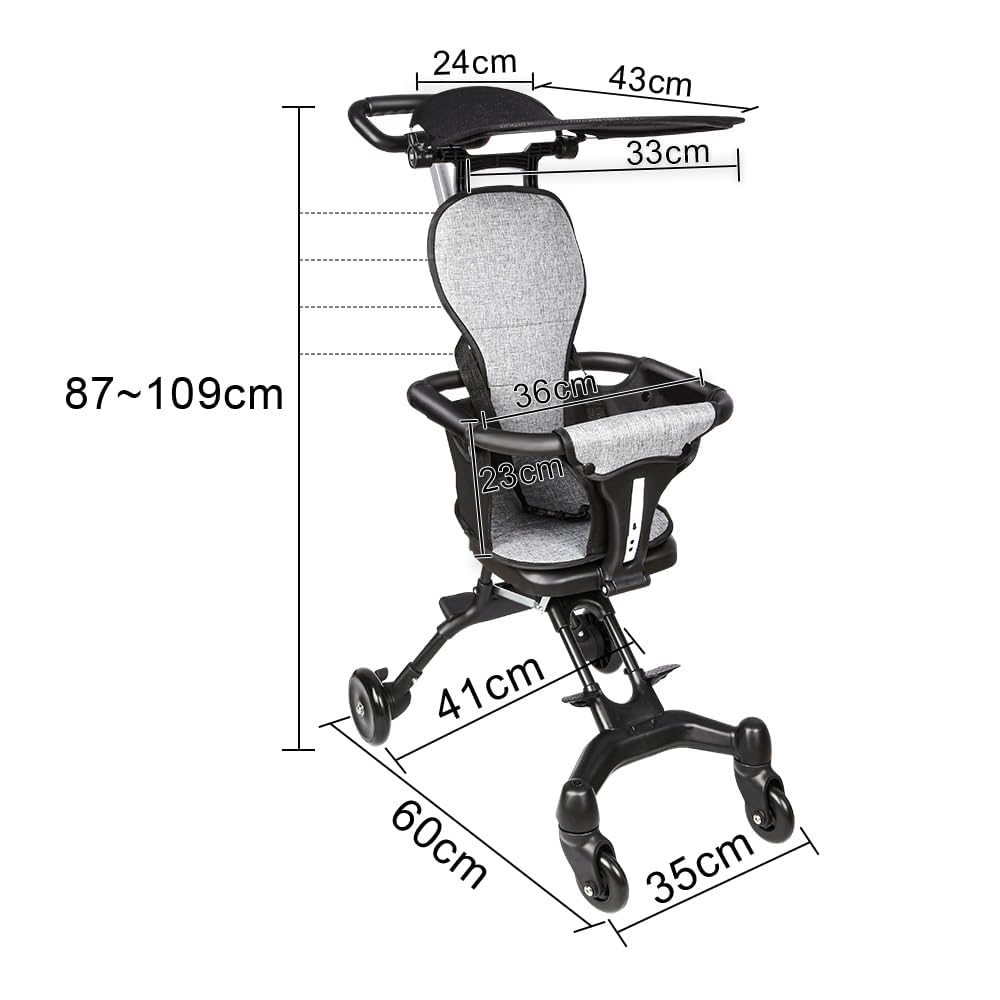 Kinderwagen leicht, 0-22 kg, verstellbare Rückenlehne, geräumiger Sitz, doppelte Bremse und drehbare Räder, 30 x 55 x 86,5 cm, Grau + Schwarz