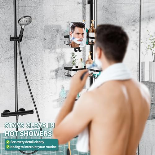 Image of KEGII Shower Caddy Tension Pole - Adjustable Rustproof Corner Bathroom Organizer with Fogless Shower Mirror, 25-114.2 Inch No-Drill Bathroom Storage, Black