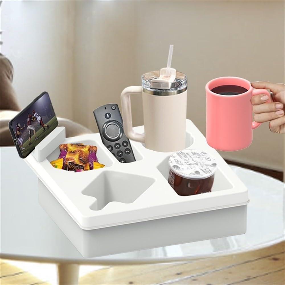 Bandeja de silicona con soporte para bebidas dobles y almacenamiento de aperitivos para sofá, cama, asiento de coche, organizador de control remoto para el hogar (blanco)