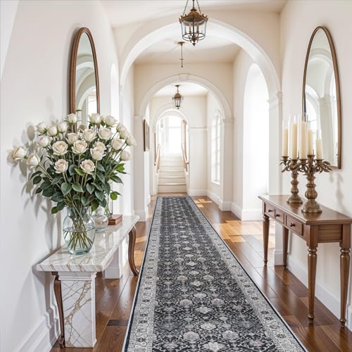Hallway Washable Runner Rug - 3x20 Kitchen Rugs Entryway Rug Long Runner Vintage Soft Floor Mat Non Slip Indoor Farmhouse Carpet for Bathroom Living Room Bedroom (3 X 20, Black)