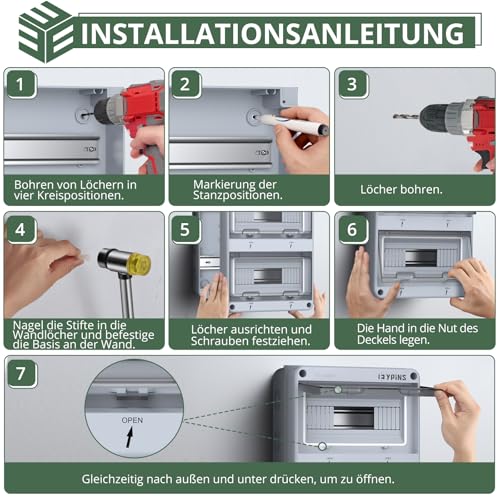 EYPINS Verteilerkasten Aufputz 2-Reihig 24 Module, Sicherungskasten Aufputz IP65 Feuchtraum Aufputzverteiler, Unterverteilung Aufputz mit umlaufender Dichtung für Garten oder Außenbereichen – Bild 6