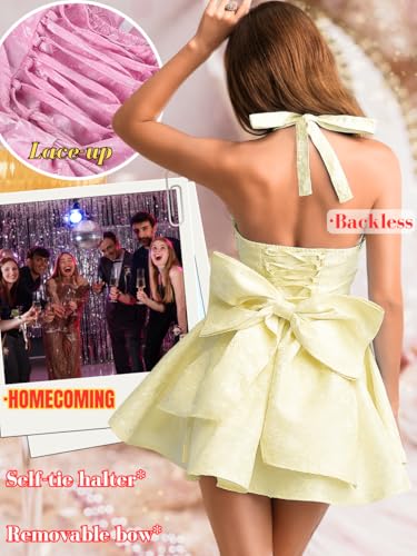 Image of ShawGobow Jacquard Corset Dress,Deep V Halter Mini Dresses with Bow Back,Sexy Birthday Outfits Women Homecoming Prom Formal