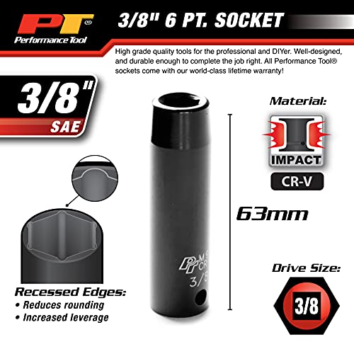 Image of Performance Tool M932 3 /8 in. Drive 3 /8 in. Deep Impact Socket | 6-point SAE design with rounded corners for a tighter grip. Drop forged chrome vanadium steel. Large size etching