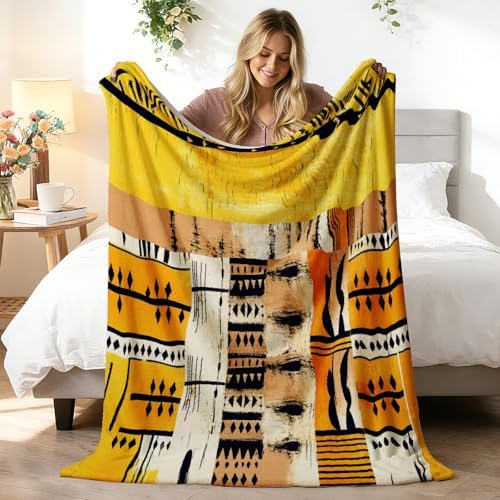 African Inspired Geometric Pattern Throw Blanket for Couch with B...