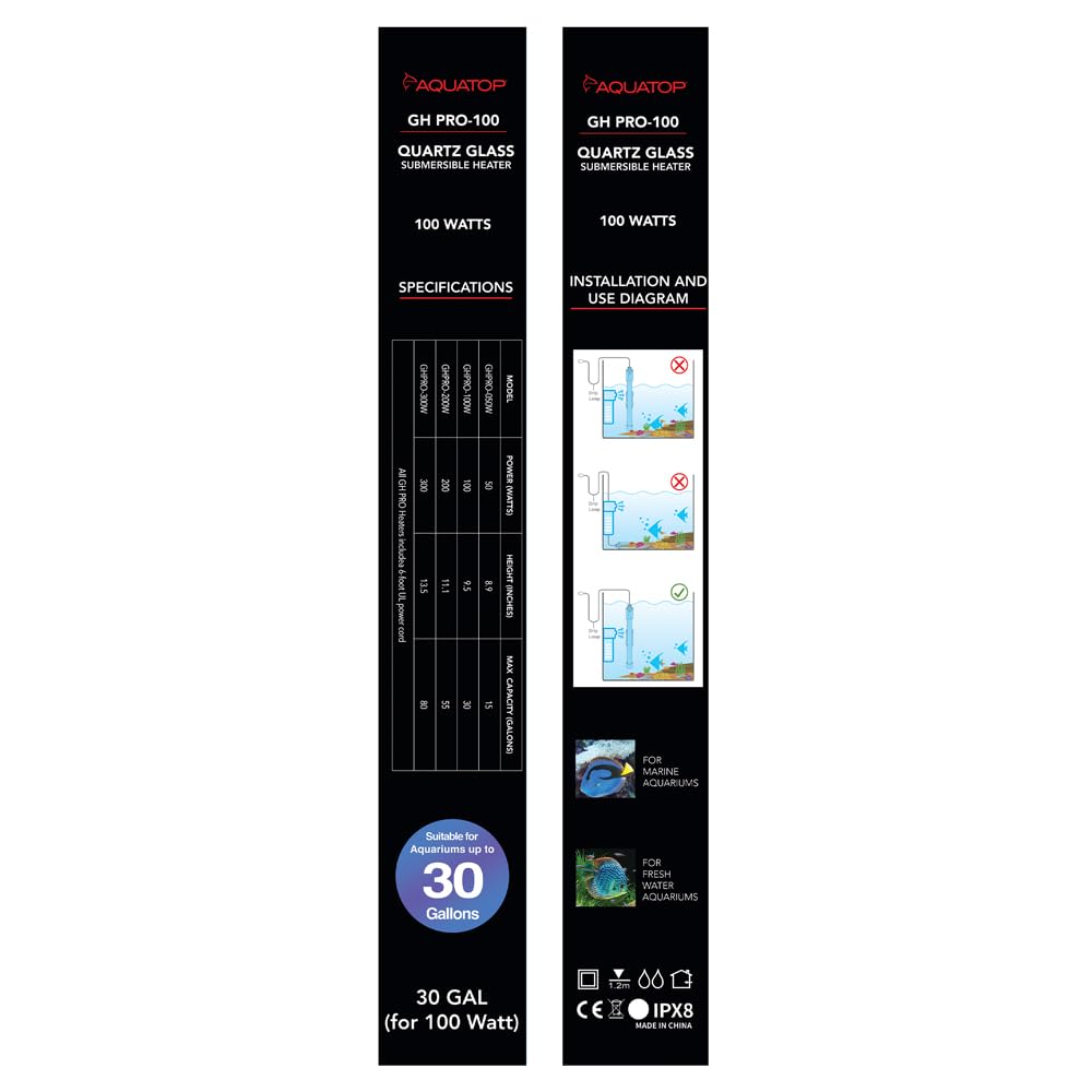 Aquatop GHPRO-100W Chauffage submersible à quartz pour aquarium - Contrôle de la température réglable, verre de quartz durable, idéal pour les aquariums d'eau douce et marine jusqu'à 100 litres, GHPRO