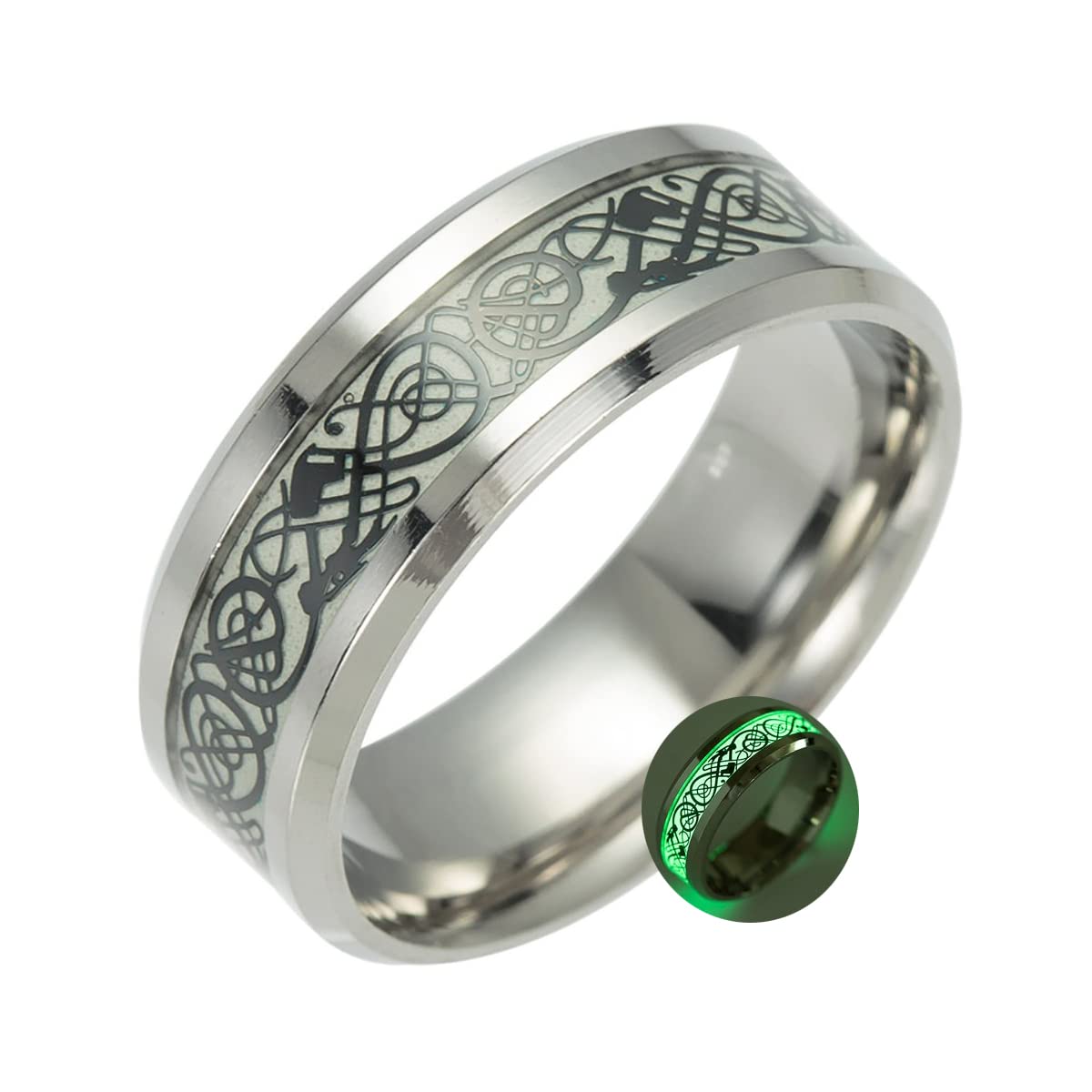 TIDOOJewelry Chinese Style Dragon Pattern Luminous Titanium Steel Ring for Men Women Hip Hop Jewelry