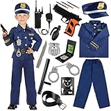 Costume Poliziotto Bambino, Polizia Costume Bambini con Polizia Camicia Pantaloni,Manette Polizia,Cappello Polizia,Distintivo Polizia,Walkie-Talkie Giocattolo Police Costume Halloween Carnevale