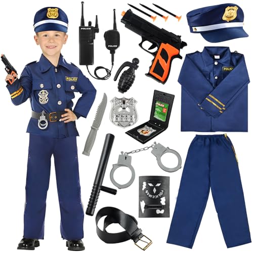VICTERR Disfarce polícia criança, disfarce de polícia menino jogo papel com polícia camisa calças chapéu cinto polícia placa algemas Walkie Talkie para crianças Halloween festa carnaval