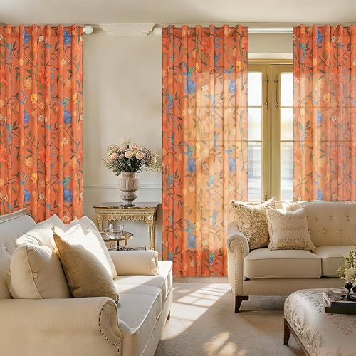 Image of JOOJA 90 Inch Boho Floral Curtains Tropical Bird Print Linen Semi Sheer Window Drapes for Kitchen, Bedroom, Bathroom, Living Room, Dining Room, Terracotta