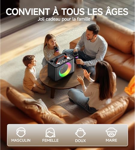 Machine de karaoké avec 2 microphones sans fil et 10 modes d'éclairage RVB