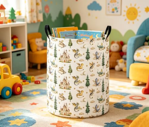 Image of Baby Laundry Basket Baby Nursery Hamper Kids Laundry Basket Toy Storage Bin for Boys Room Decor Gift Baskets for Bedroom Bathroom(Castle Dinosaur)