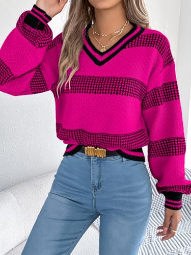 yoeasy Womens Striped Sweaters Color Block Long Sleeve V Neck Fall Trendy Knit Loose Casual Pullover Sweater Jumper Tops3