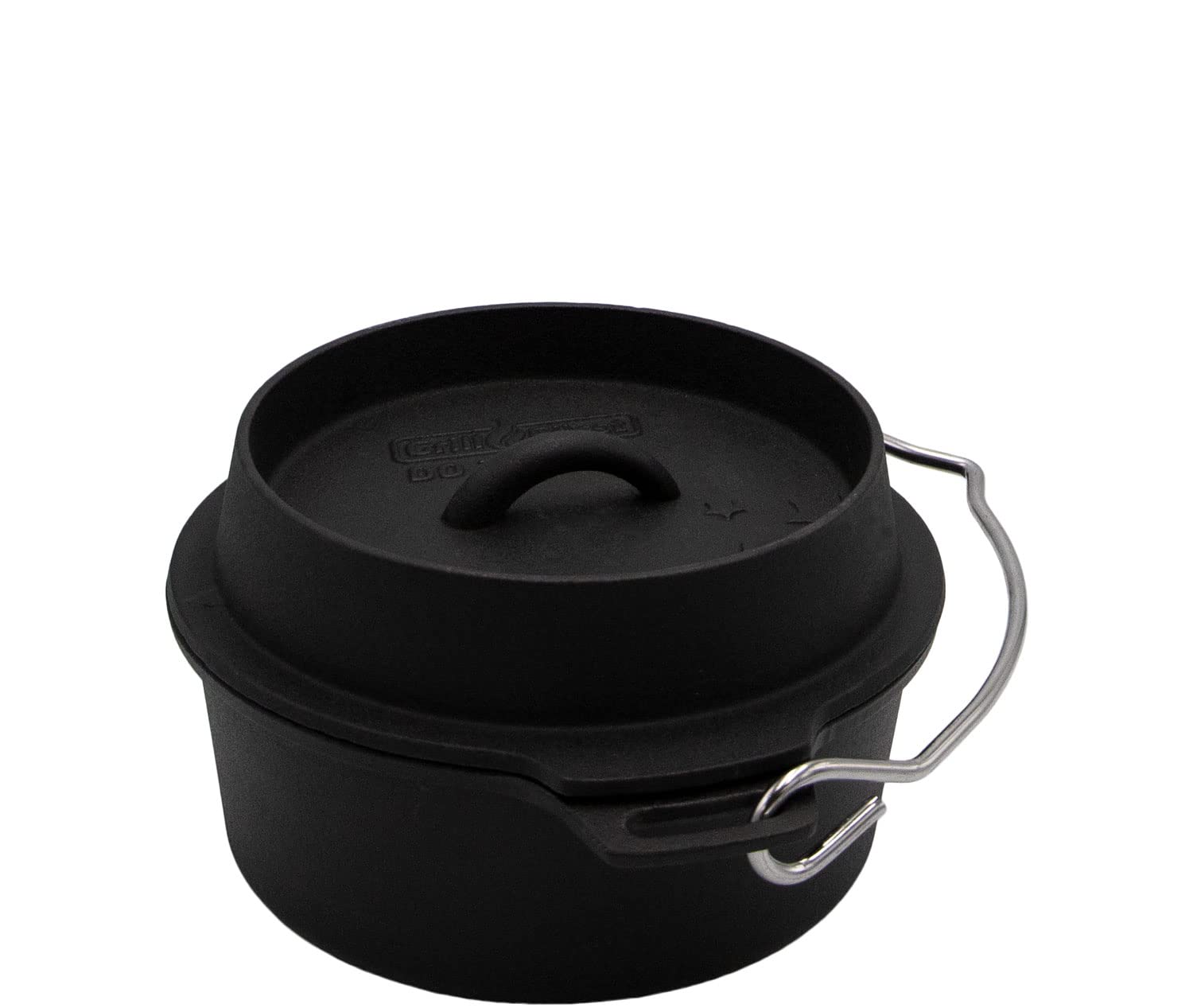 Grillfürst Dutch Oven ca. 2 Liter - stabil stehender Feuertopf mit flachem Boden ohne Füße, hitzebeständiger Gusseisen Topf, Deckel als Pfanne nutzbar, rund, DO 2