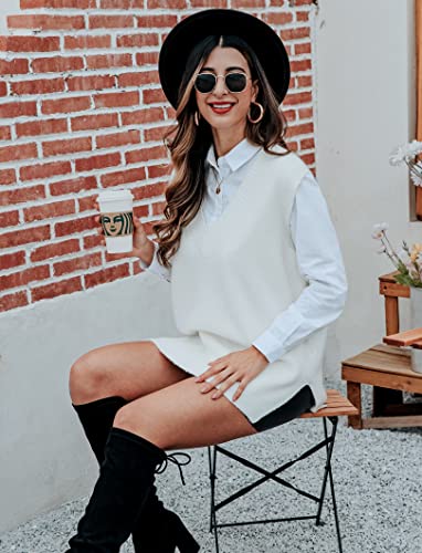 Cowasto Womens Sweater Vest Sexy Oversized V Neck Sleeveless Sweaters Casual Warm Cable Knit Tops White Small #TOP7