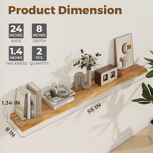 Image of Axeman 56 inch Floating Shelves for Wall Live Edge, Natural | 8 inch Deep Wall Shelf, Invisible Bracket, Large Long Shelves, Living Room, Bedroom, Kitchen, Bathroom