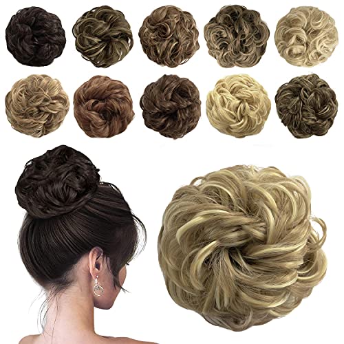 Sofeiyan Messy Bun Hair Piece Synthetic Curly Updo Hair Scrunchies Chignon Hairpiece Extensions for Women Girls, Light Ash Brown & Bleach Blonde