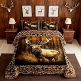 Picture of Manfei Deer Comforter Set Twin Size, Wild Animal Theme Bedding Set 2pcs for Kids Boys Teens Bedroom Decor, Black Elk Bear Wolf Trees Quilt Set Wildlife Hunting Duvet Set with 1 Pillowcase
