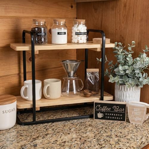 Bokon 2 Tier Coffee Station Organizer, Wooden Coffee Bar Organizer with Metal Frame, Tiered Serving Tray Charcuterie Board for Kitchen Counter, Cupcake Stand, Dessert Display, Bokon