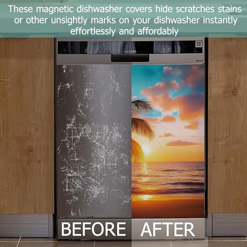 Image of Dishwasher Magnets Decorative Cover,Coconut Tree Refrigerator Magnet Cover,Washable Summer Beach Sunset Dishwasher Front Panel Cover Home Kitchen Decoration 23x26 Inch