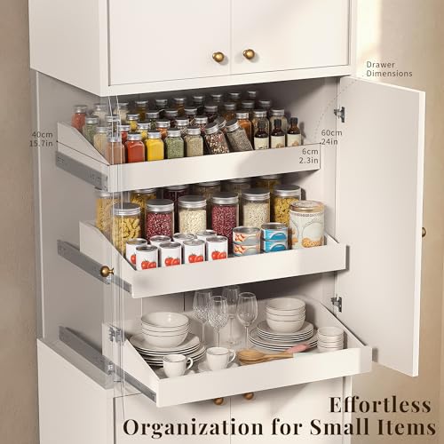 Image of 71 Inch Tall Kitchen Pantry Cabinet with Pull Out Drawers, Modular Concealed Storage Hutch, Expandable Wall System, Heavy Duty Thickened Panels, Freestanding Kitchen Organizer, White