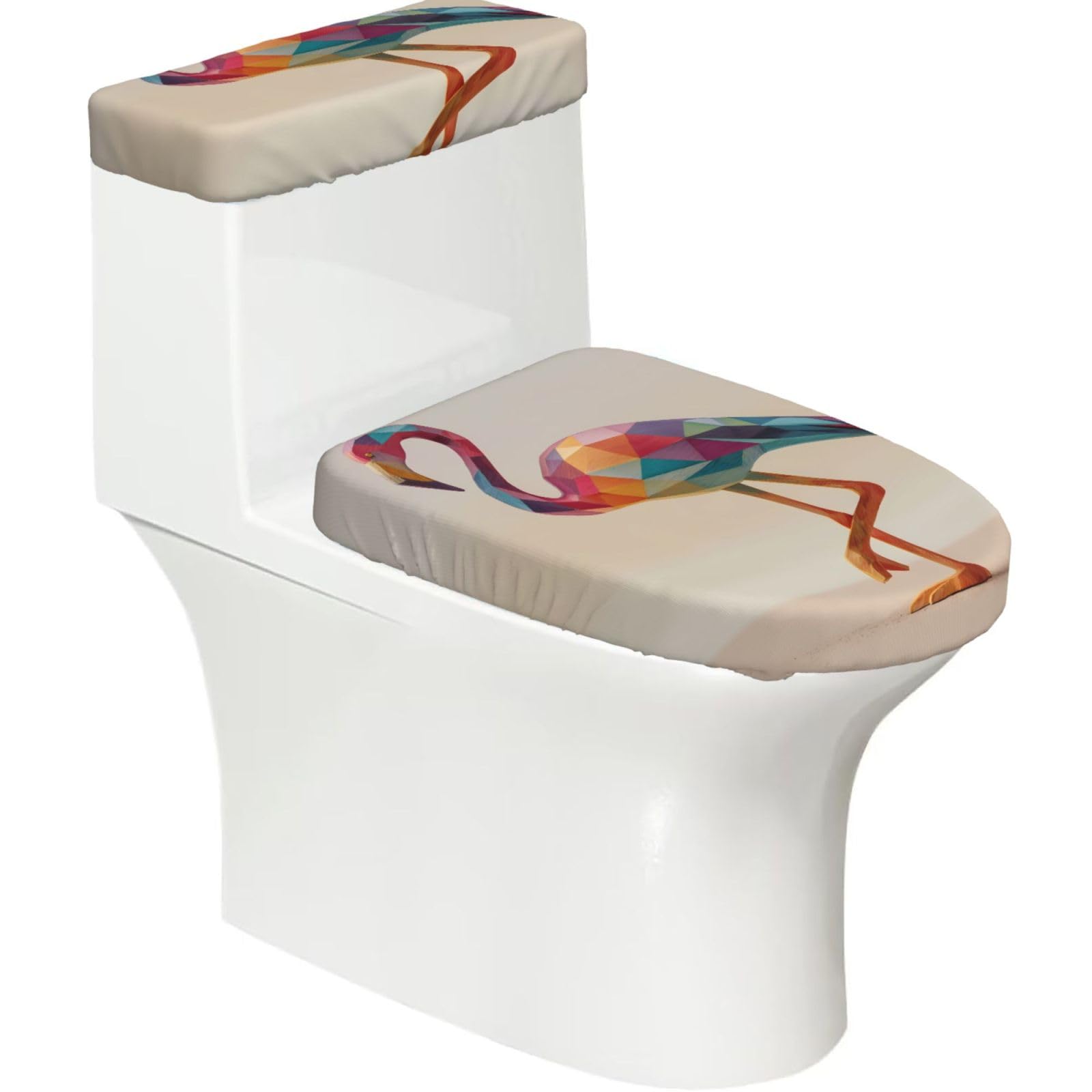 Colorful Long-Legged Birds 2-Piece Toilet Seat Cover Set with Tank Lid - Elastic for U-Shape & Elongated - Bathroom Decor