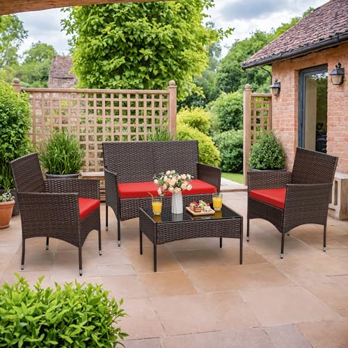 Image of Homall 4 Pieces Patio Rattan Chair Wicker, Outdoor Indoor Use Backyard Porch Garden Poolside Balcony Furniture Sets (Red)