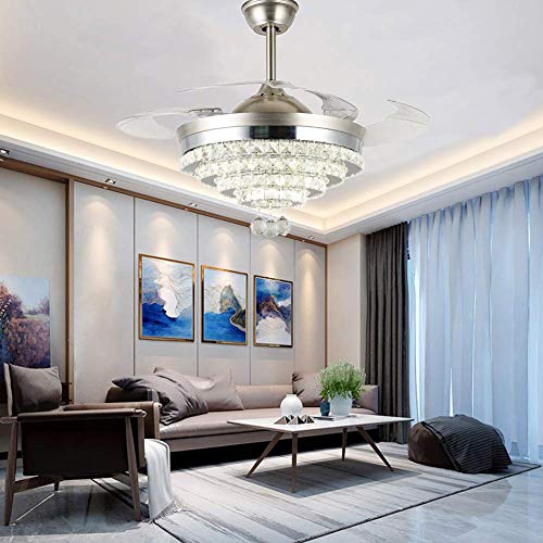 Fandian 42" Crystal Ceiling Fans With Lights Retractable Blades Led Chandelier Remote Control 3 Color Changes 3 Speeds Chrome Ceiling Fixture, Silent Motor With Led Kits Included #TOP6