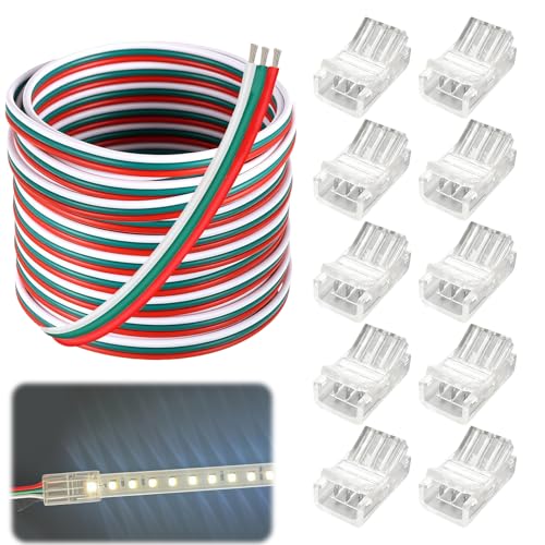 NYVOR Lot de 10 Connecteur Ruban LED 3 Broches 10mm avec 5m 12V/24V DC Câble d'Extension de Bande LED, Fil de Cuivre 22AWG 5A Flexible Câble avec Raccords pour WS2812B WS2811 Famille Commercial