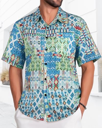 Image of Men Hawaiian Shirt Short Sleeve Summer Beach Button Down Shirts with Pocket