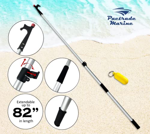 Pactrade Marine Anodized Aluminum Telescopic Kayak Boat Hook Dock Docking Extend Sections Adjustable Extendable Length Plastic PC Red Tip Non-Slip Black Locking Vinyl Mechanism Ring Handles (47"-82")