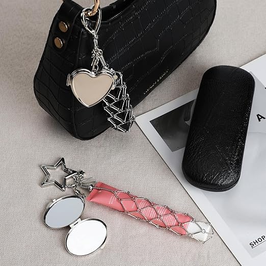 Image of Lipstick Holder Keychain,with Mirror Set with Heart Shape Clasp and Metal Mesh Pouch for Bag Charm Decoration, Portable Cosmetic Case for Women and Girls
