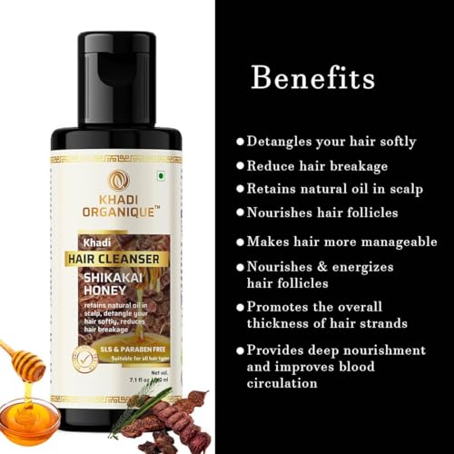 Image of Khadi Organique Shikakai Honey Hair Cleanser Shampoo SLS & Paraben Free | Natural Herbal Formula for Strong & Thick Hair | Itchy Scalp, Anti-Dandruff & Daily Use | 210ml (Pack of 1)