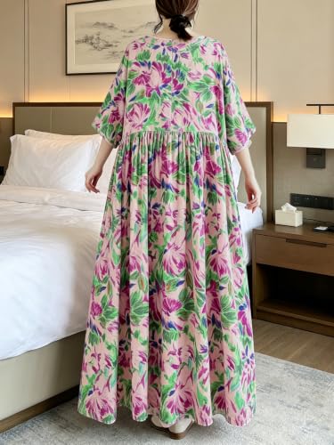 Image of Women Plus Size Casual Dresses Floral Printed O Neck Short Sleeves Summer Oversized Dresses Boho Loose Fitting Wear