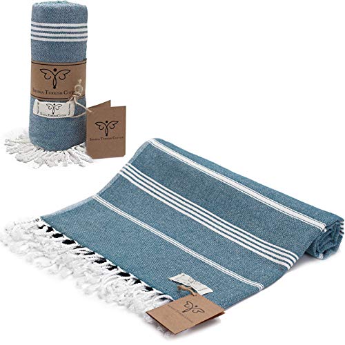 SMYRNA TURKISH COTTON Classical Series Beach Towel|180 x 90cm 100% Cotton|Extra Large Wearable Turkish Bath Towel|Made in Turkey|No Shrink|Premium Luxury Striped Linen - Navy