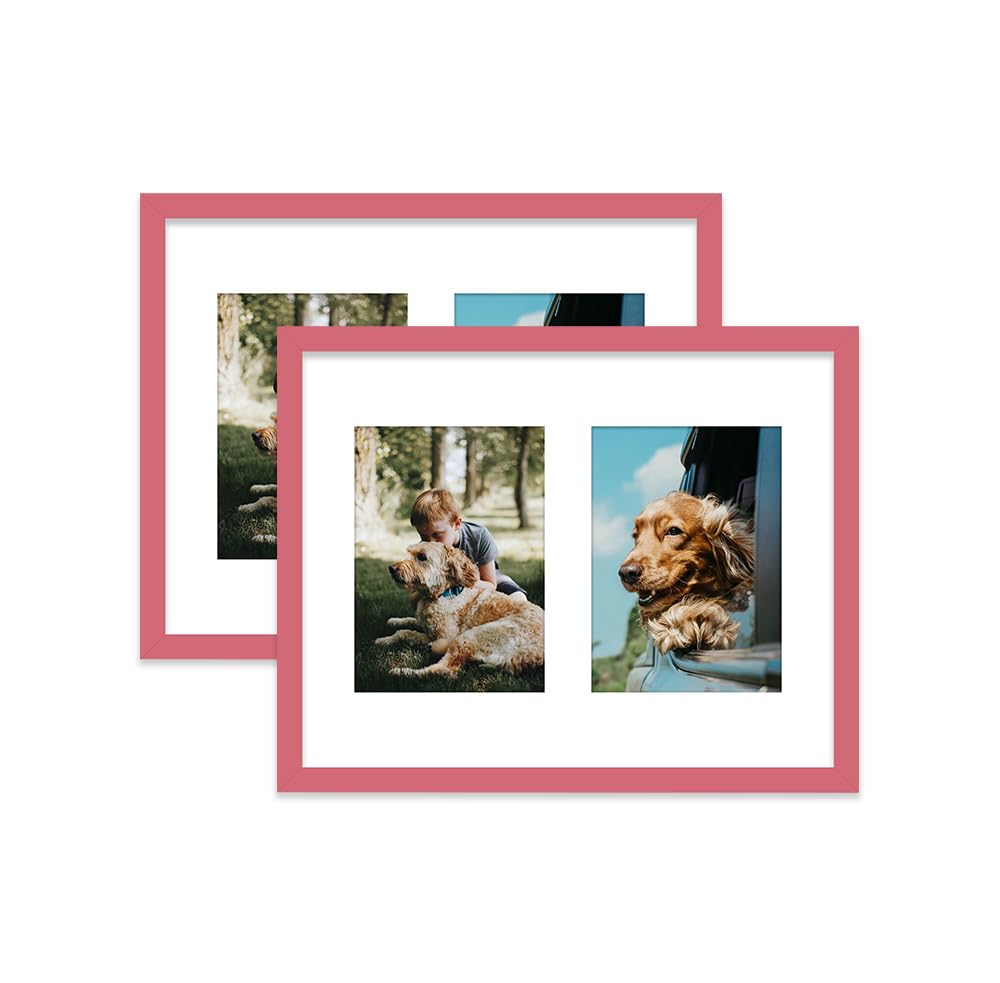 Pink Multi Photo Frame - Holds 2 x 7x5 Pictures, Family Collage Picture Frame for Wall Display, 14x11 Frame size, Set of 2