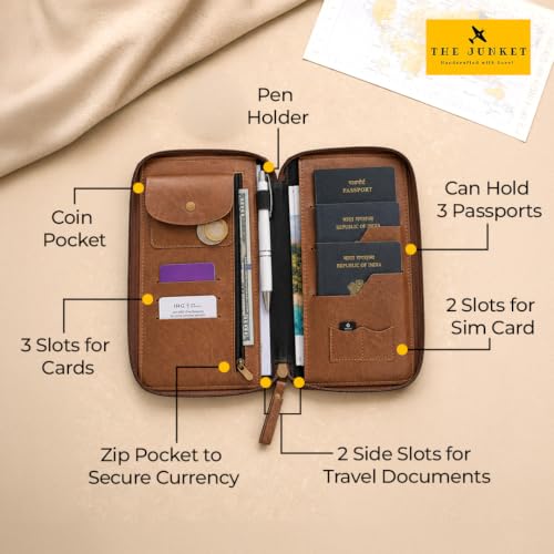 Image of The Junket Personalised Zipper Family Travel Passport Holder Organizer | Holds Up to 3 Passports | Water-Resistant Faux Leather Document Organizer Wallet (Dark Brown)