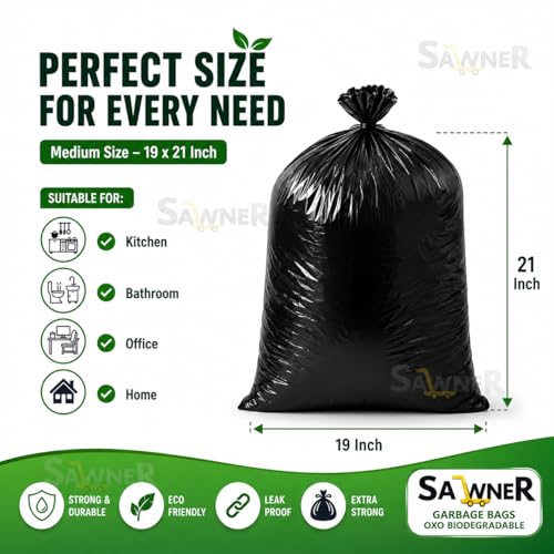 Image of Garbage Bags 19 x 21 Inch Medium Size, 90 Bags (3 Rolls), Black Dustbin Bags, Leak Resistant Trash Bags for Kitchen, Bathroom & Office