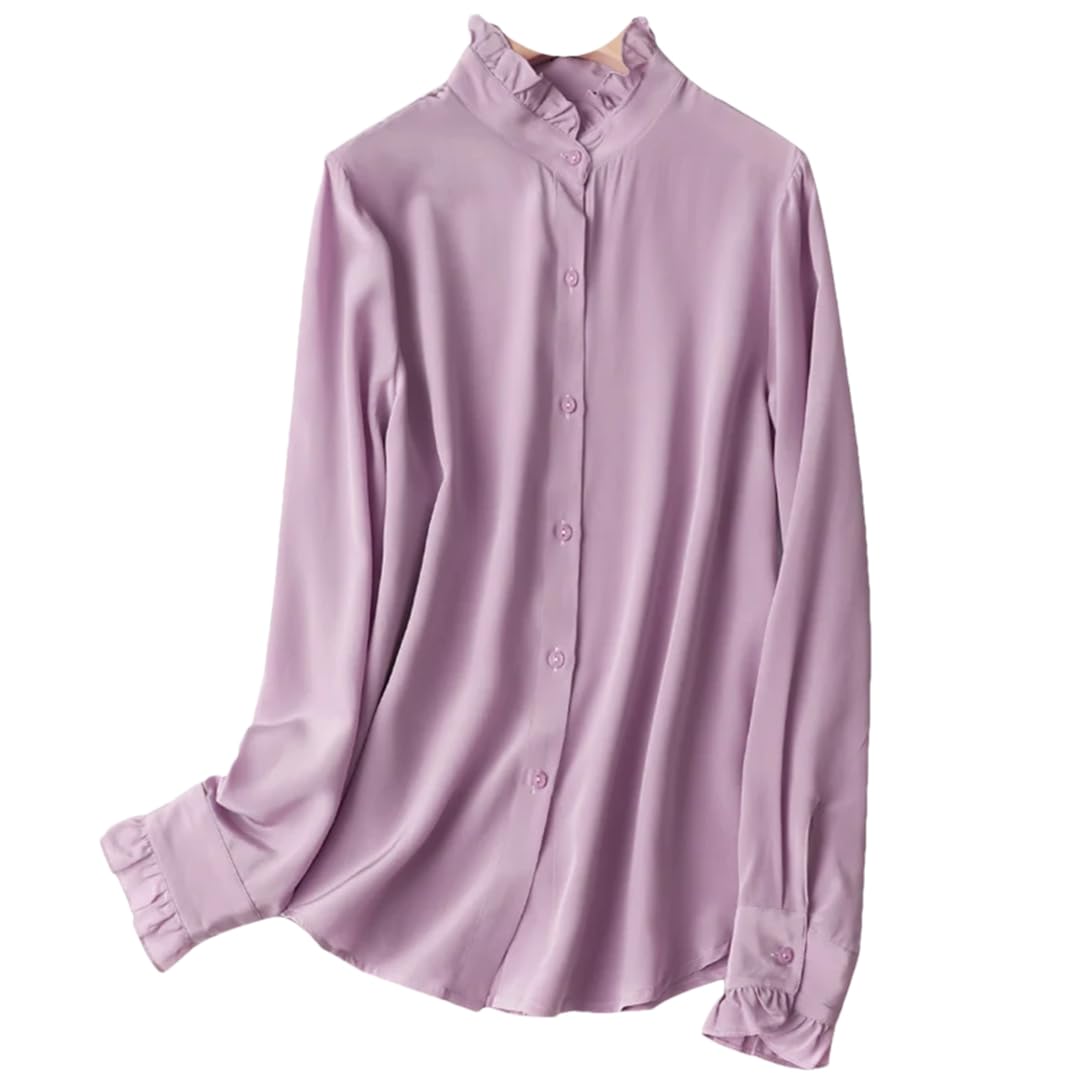 Disimlarl Blusa de seda de morera para mujer, color liso, de manga larga, para oficina, trabajo, camisas casuales