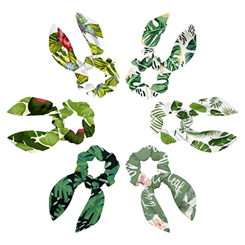 6PCS Hair Scarf Scruncheis for Women Girls, Ribbon Bow Elastic Hair Ties Bands Satin Hair Ribbon Scrunchy Ponytail Holder Accessories,Tropical Palm Leaves