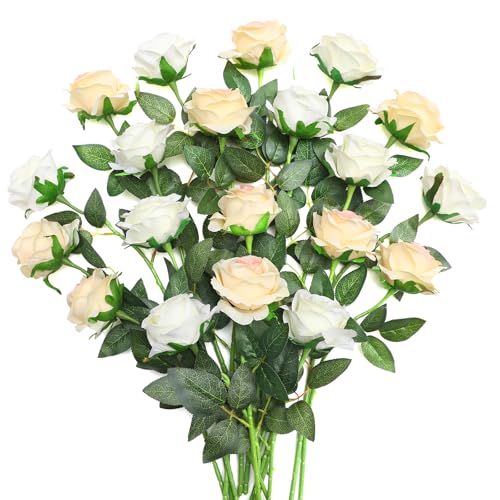 JUSTOYOU Lot de 20 roses artificielles en soie double couleur avec tige - Bouquet de roses artificielles réalistes pour la maison, le bureau, les fêtes, les...
