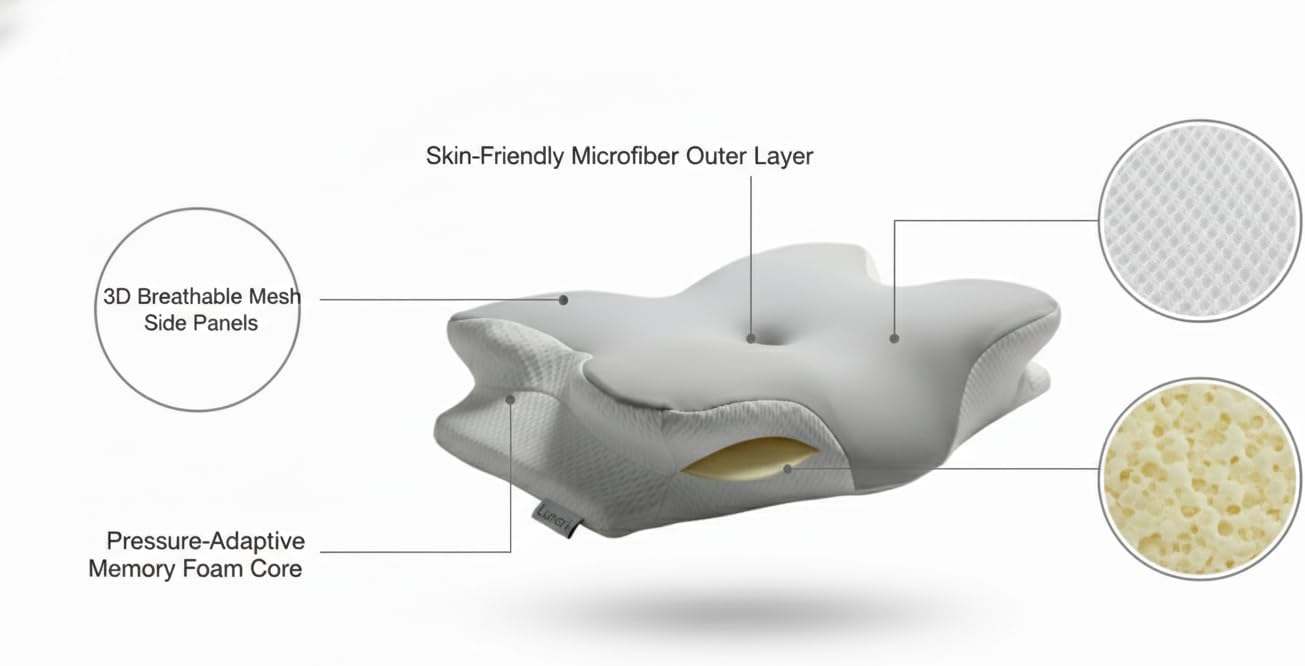Lunari Butterfly Cervical Pillow – Orthopedic Memory Foam Neck Support Pillow for Neck Pain Relief, Ergonomic Cooling Pillow for Side & Back Sleepers
