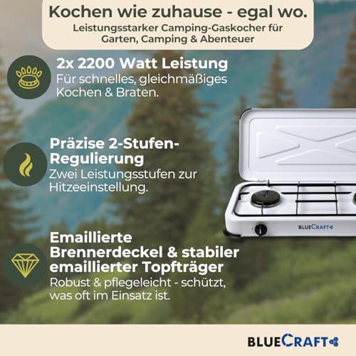 Bluecraft Gaskocher 2-flammig, 4,4 kW, Schlauch, Regler & Druckanzeige | Campingkocher Set mit Manometer, Schlauchbruchsicherung, Doppelkocher Gasherd für Outdoor Küche, Garten & Wohnmobil – Bild 4