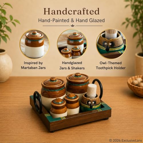 Image of ExclusiveLane 'Old Martaban' Ceramic Pickle Jars for Dining Table with Salt & Pepper Shaker & Tray & Toothpick Holder (Non Air-Tight, Jars & Salt Pepper Shaker : 120 & 20 gram) | Jar for Pickle Jar