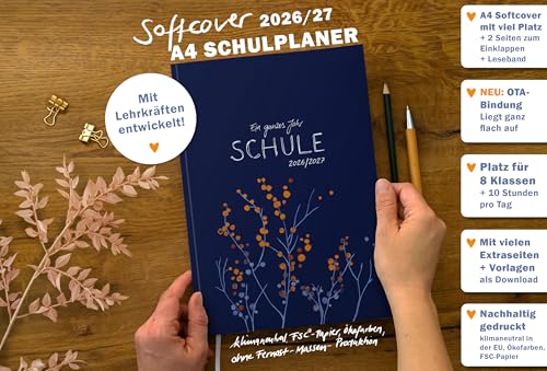 Eine der Guten Lehrerkalender 2026/2027 A4 Softcover – Lehrerplaner Schuljahr 2026 2027 | Leseband, Notenlisten & Klassenlisten | nachhaltig, FSC-Papier, klimaneutral | Blau mit Blumen