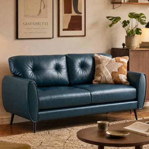 TYBOATLE Sofa Couch 61' Small Loveseat Couches for Living Room Blue Leather Couch Mid Century Modern Tufted Mini Sofa Comfy Office 2 Seat Settee Love Seat for Small Spaces Bedroom
