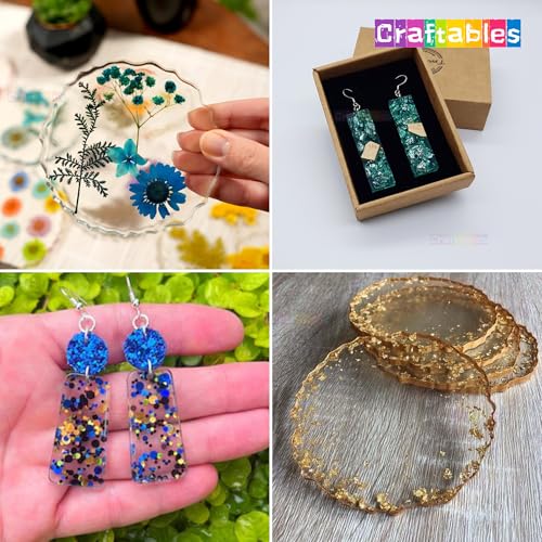 Image of Craftables Resin Art Kit for Beginners & Adults | 200g Clear Epoxy Resin with Earring & Agate Coaster Moulds, Glitters, Pigments, Stickers & Tools | DIY Jewelry & Coaster Making Set